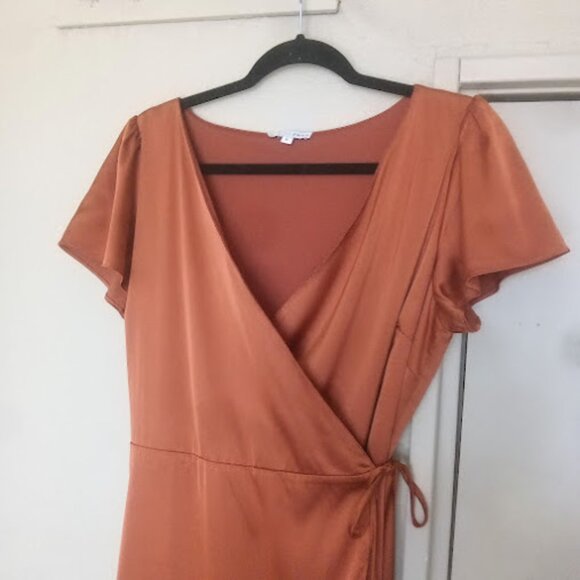 BALTIC BORN | Krystal Satin Wrap Maxi Dress Cinnamon Orange Flutter Sleeve Gown - Picture 4 of 14